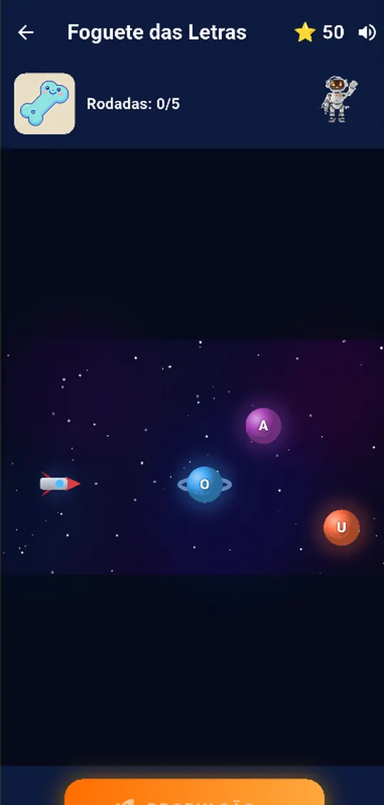 Jogo Foguete das Letras: o foguete atravessa o espaço até o planeta da letra certa