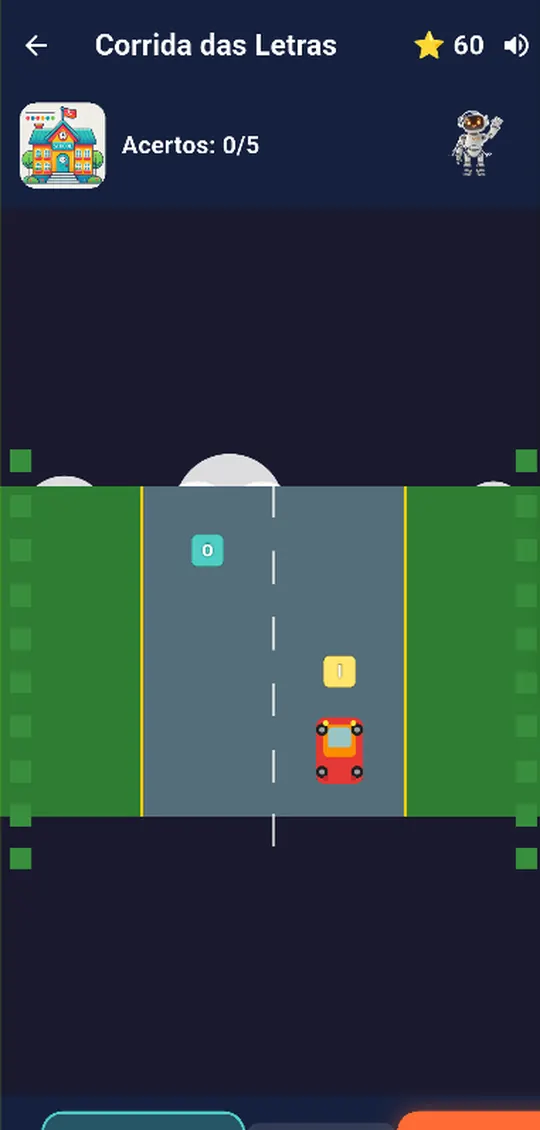 Jogo Corrida das Letras: o carro desvia pela pista para alcançar a letra pedida