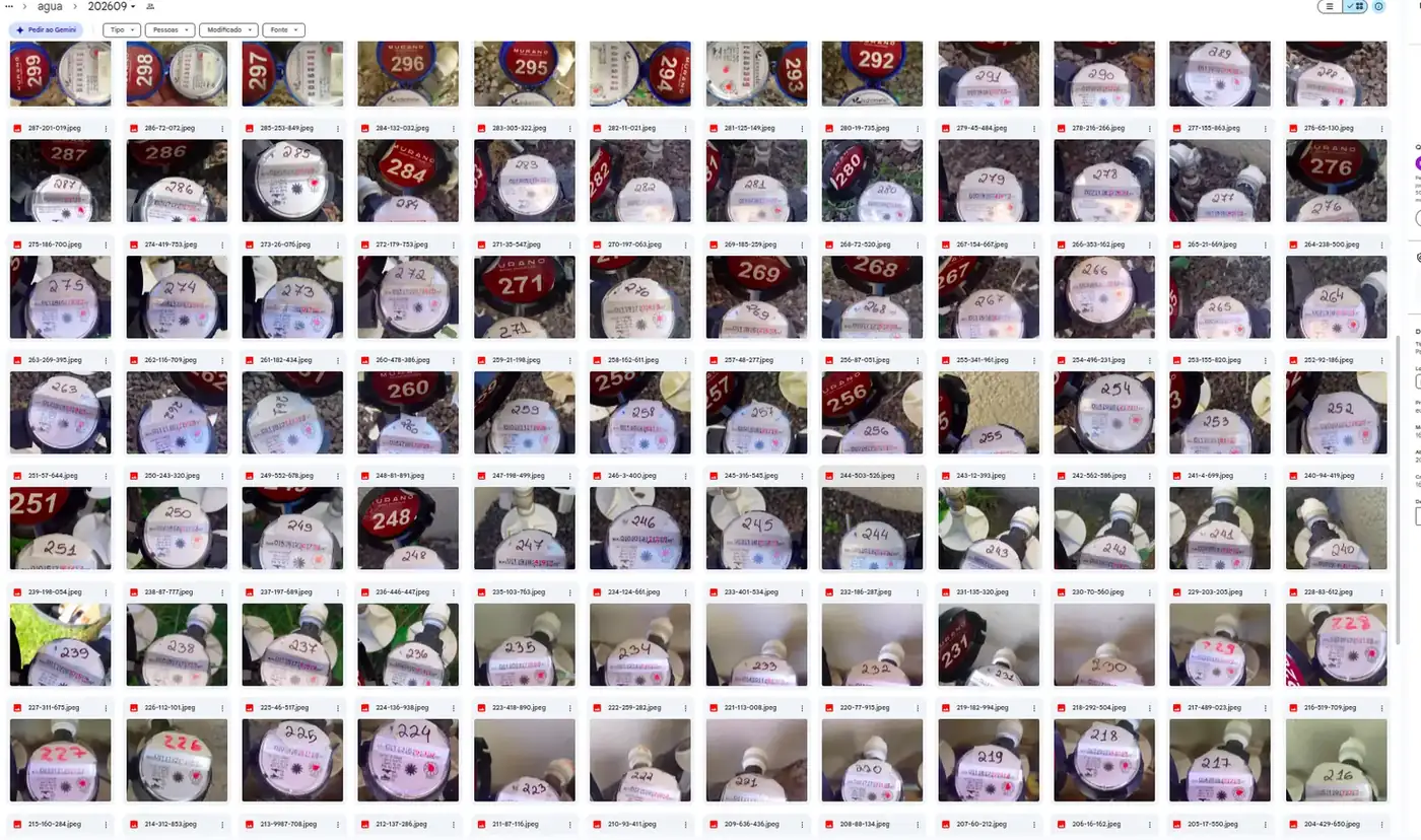 Pasta com centenas de fotos de hidrômetros de um único mês, uma por unidade