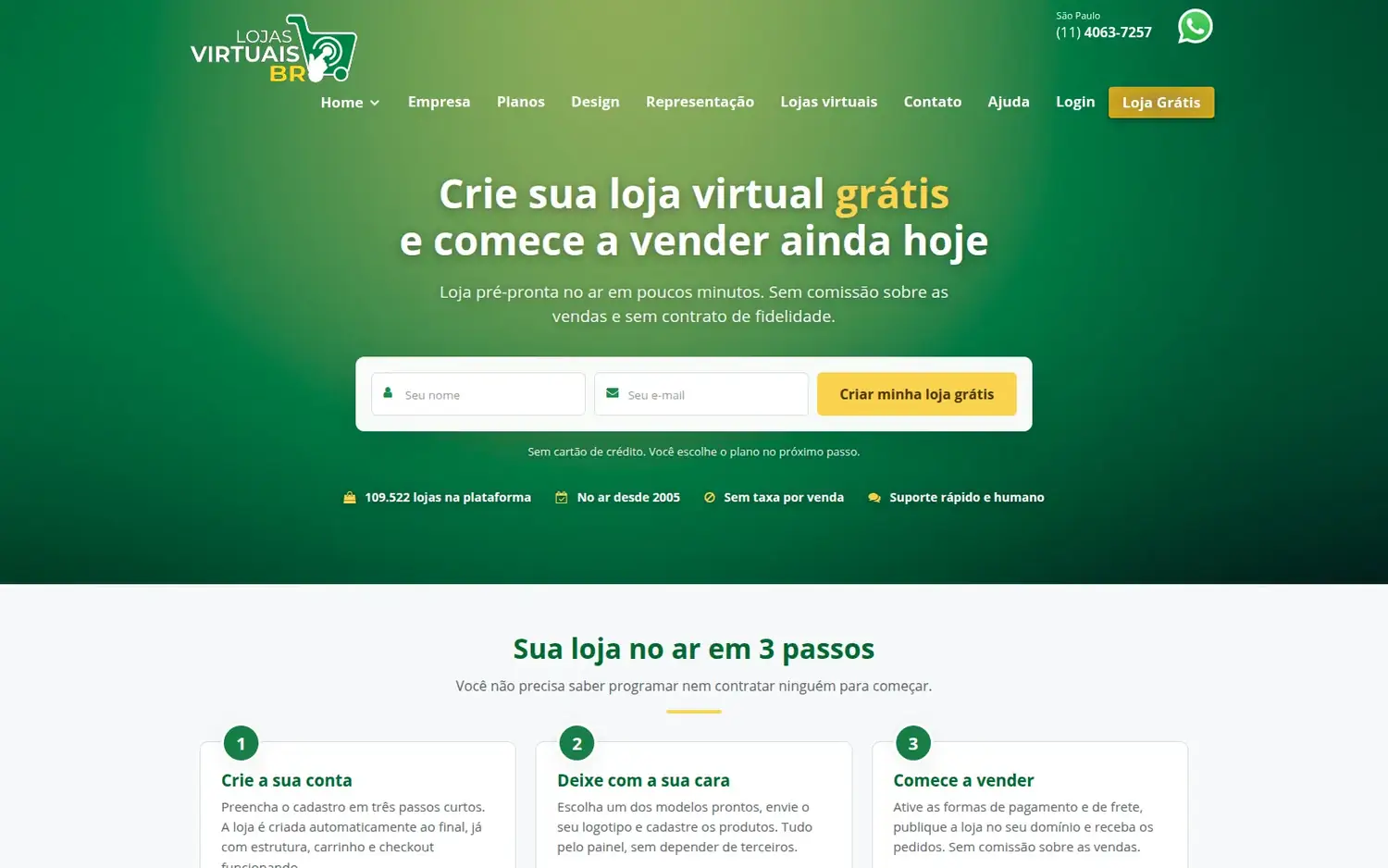 Site da plataforma Loja Virtual BR, com chamada para criar loja grátis