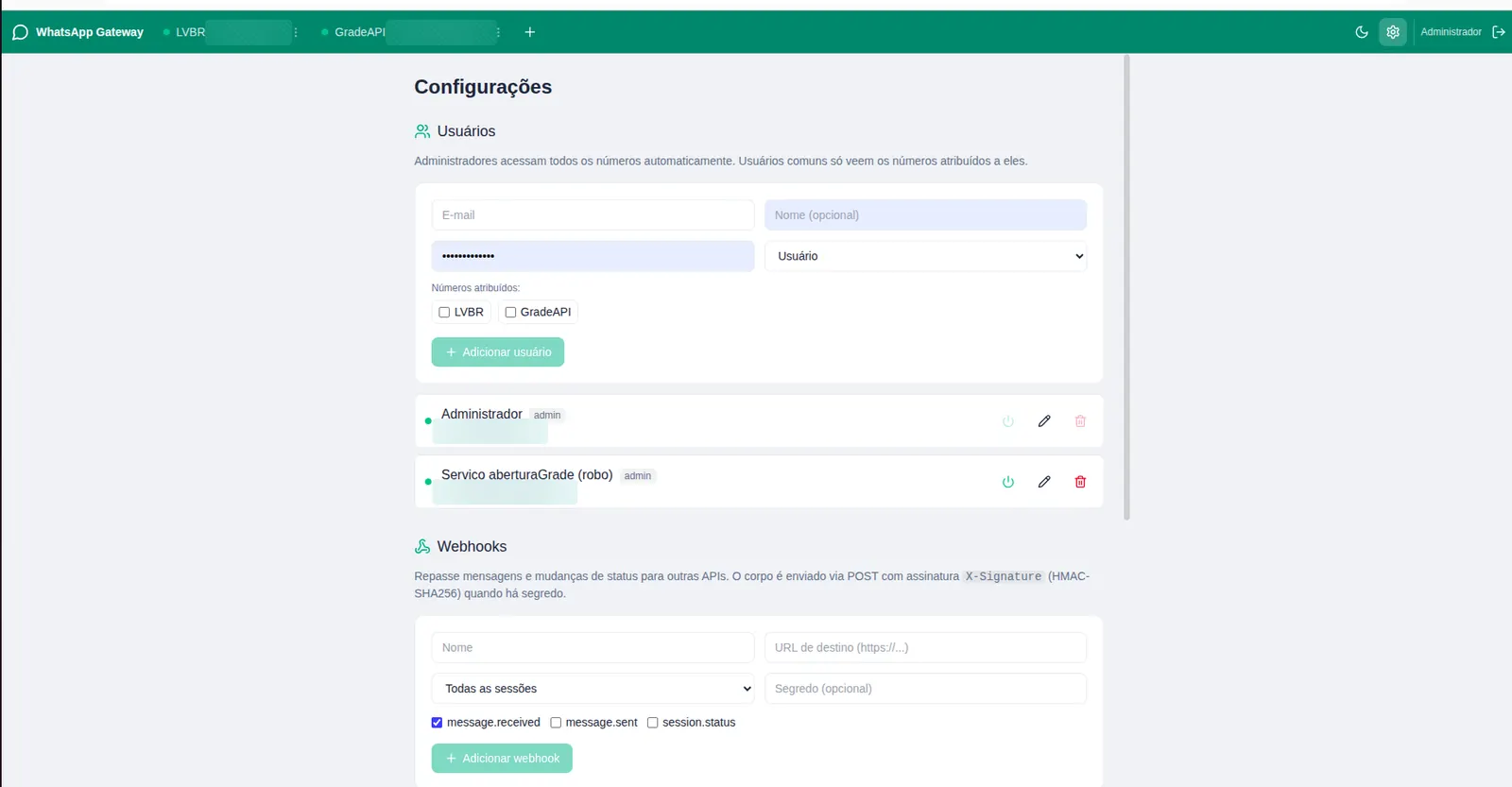 Configurações do WhatsApp Gateway: usuários, papéis e webhooks assinados em HMAC-SHA256